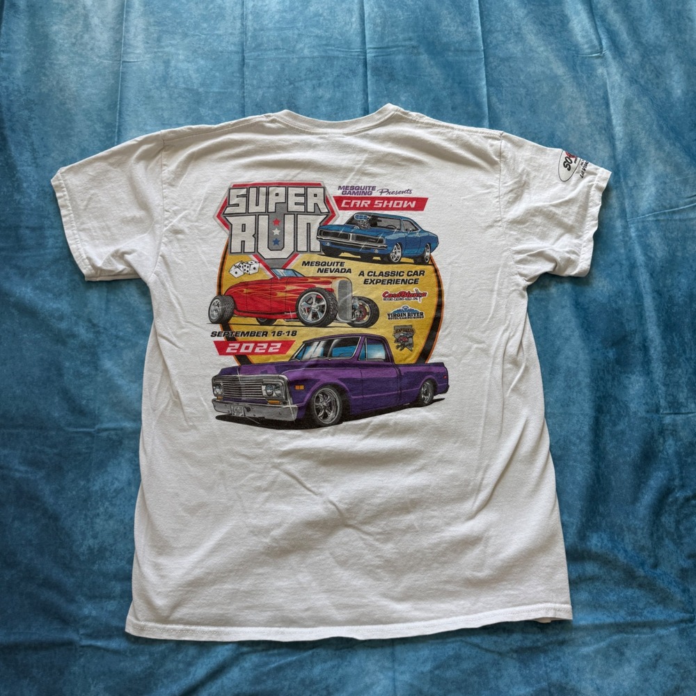 Gildan‎ Mens Super Run 2022 Car Show Mesquite Nevada Graphic T-Shirt White Large